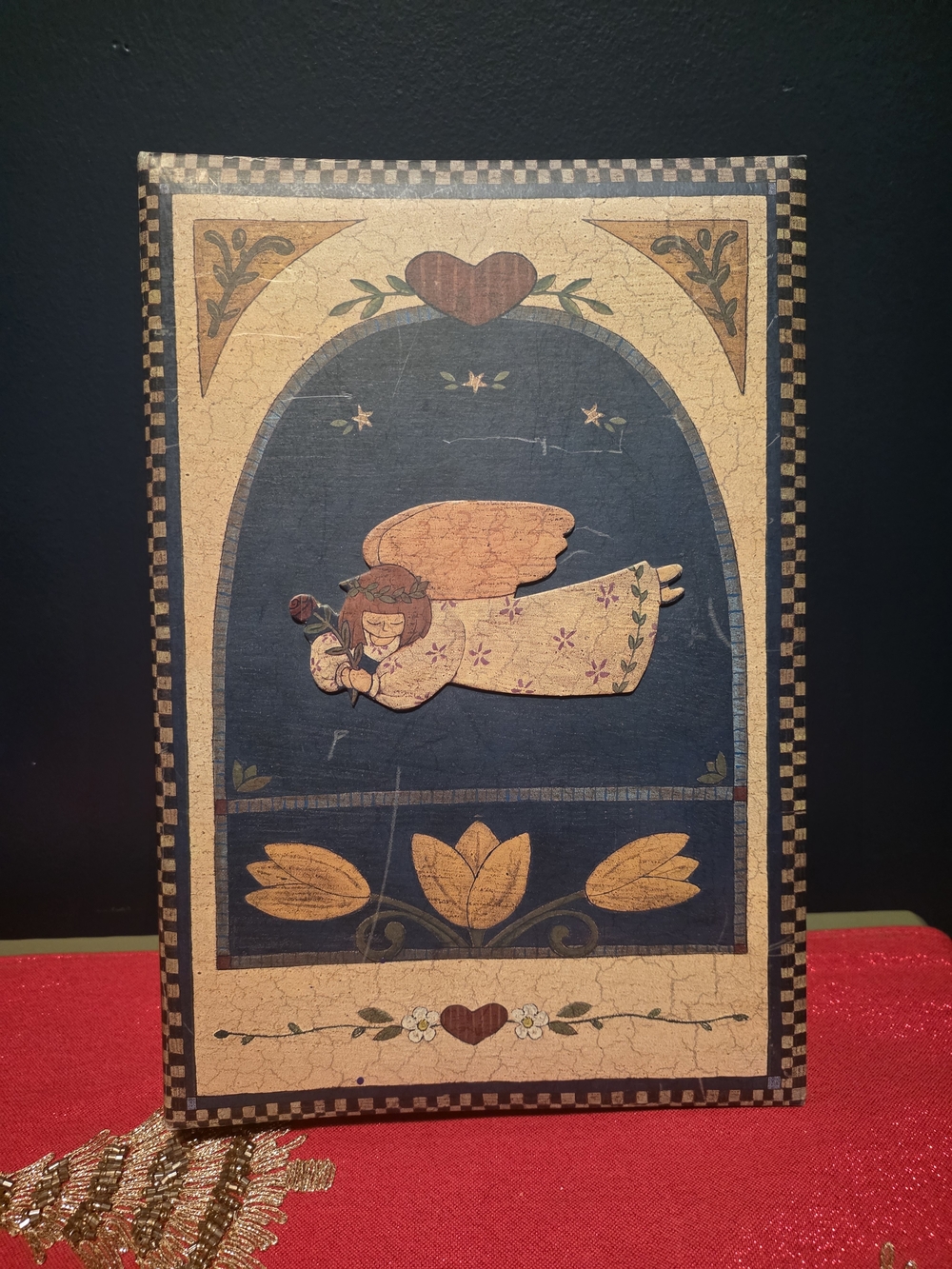 Hand-Painted Folk Angel Wall Art in Navy and Cream